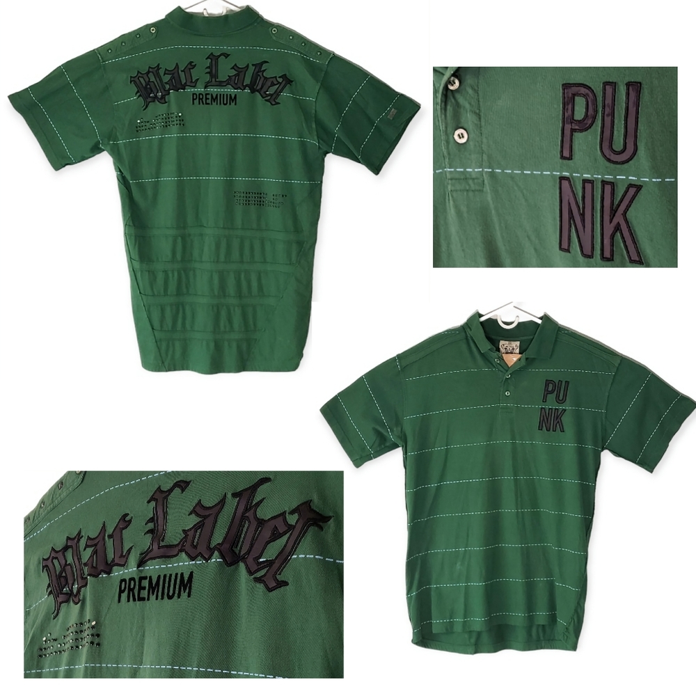 Blac Label Punk Premium Polo Shirt Mens 2XL Green Embroidered Studded Distressed